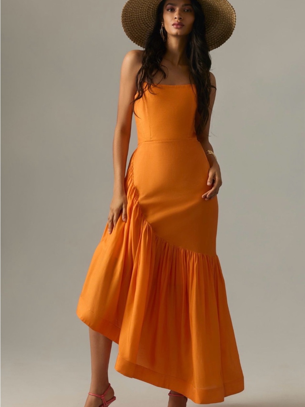 Anthropologie Orange Asymmetrical Ruffle Midi Dress-never worn